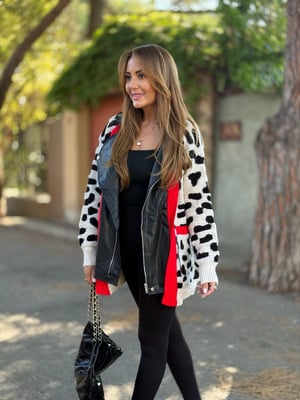 Tasarım Deri Detaylı Kırmızı Şeritli Leopar Ceket