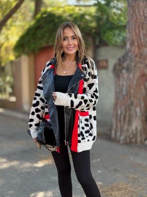 Tasarım Deri Detaylı Kırmızı Şeritli Leopar Ceket