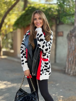 Tasarım Deri Detaylı Kırmızı Şeritli Leopar Ceket