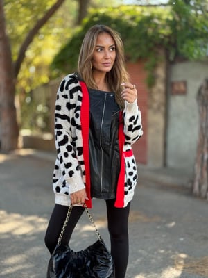 Tasarım Deri Detaylı Kırmızı Şeritli Leopar Ceket