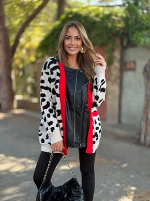 Tasarım Deri Detaylı Kırmızı Şeritli Leopar Ceket