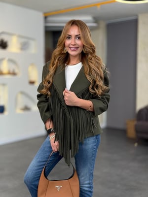 Tasarım Püsküllü Büyük Yaka Haki Kaşe Ceket