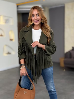 Tasarım Püsküllü Büyük Yaka Haki Kaşe Ceket