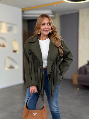 Tasarım Püsküllü Büyük Yaka Haki Kaşe Ceket