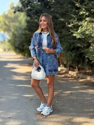 Tasarım Renkli Kuş Gözü Detay Jean Ceket
