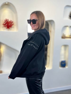 Tasarım Taşlı Kapüşonlu Siyah Sweatshirt