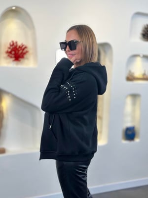 Tasarım Taşlı Kapüşonlu Siyah Sweatshirt