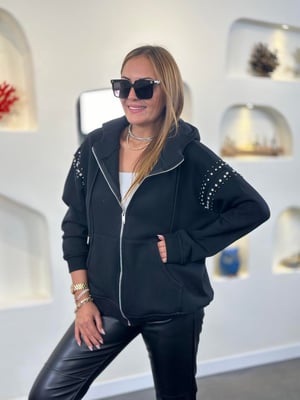 Tasarım Taşlı Kapüşonlu Siyah Sweatshirt