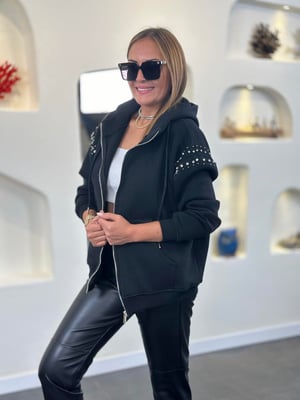 Tasarım Taşlı Kapüşonlu Siyah Sweatshirt