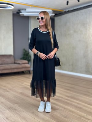 Tül Detaylı Yaka Biyeli Siyah Elbise