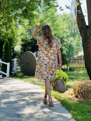 Turuncu Çiçekli Keten Oversize Elbise