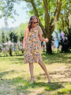 Turuncu Çiçekli Keten Oversize Elbise