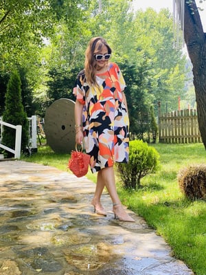Turuncu Karışık Desen Oversize Elbise