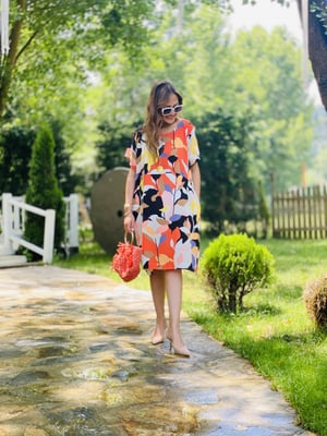 Turuncu Karışık Desen Oversize Elbise
