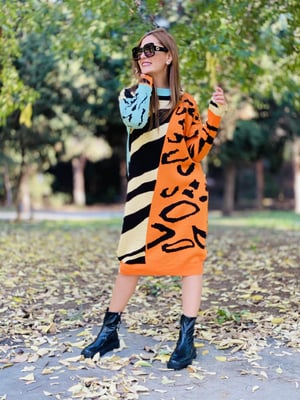 Turuncu Mint Leopar Triko Elbise
