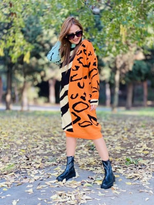 Turuncu Mint Leopar Triko Elbise