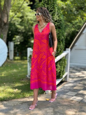 Turuncu Pembe Palmiye Desen Kolsuz Elbise