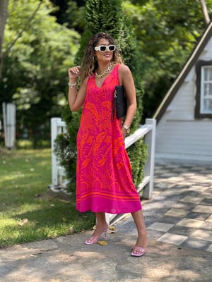 Turuncu Pembe Palmiye Desen Kolsuz Elbise