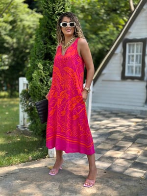 Turuncu Pembe Palmiye Desen Kolsuz Elbise