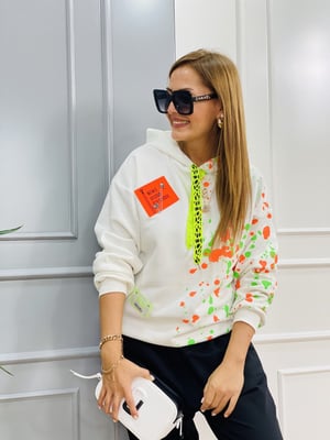 Turuncu Yeşil Baskılı Kapşonlu Sweatshirt