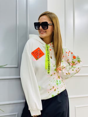 Turuncu Yeşil Baskılı Kapşonlu Sweatshirt