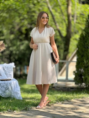V Yaka Bel Lastikli Astarlı Bej Keten Elbise