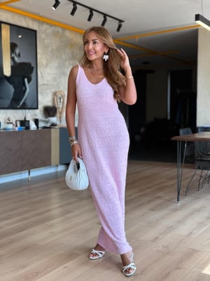 V Yaka Dokulu Pembe Triko Elbise