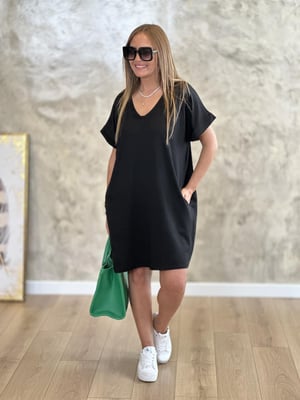 V Yaka Double Kol Basic Siyah Elbise