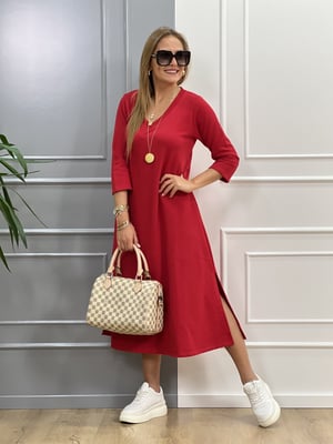 V Yaka Fakir Kol Kırmızı Basic Elbise