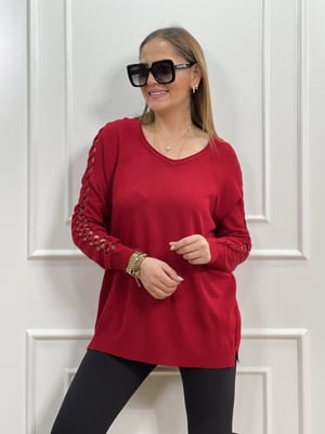 V Yaka Kol Detay Kırmızı Triko