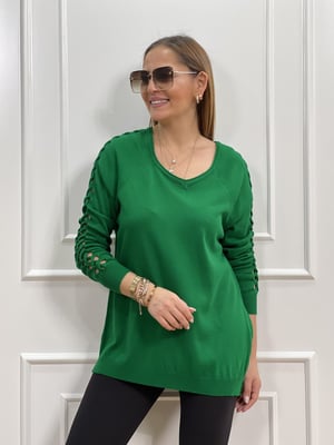V Yaka Kol Detay Yeşil Triko