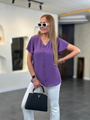 V Yaka Ön Düğmeli Kol Volanlı Mor Bluz
