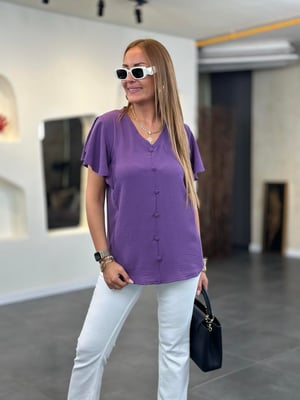 V Yaka Ön Düğmeli Kol Volanlı Mor Bluz