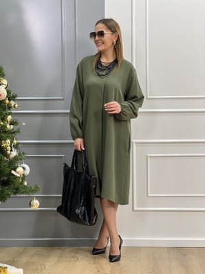 V Yaka Oversize Haki Midi Boy Elbise