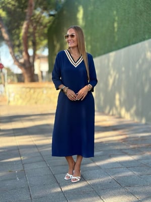 V Yaka Ribanalı Truvakar Kol Lacivert Elbise