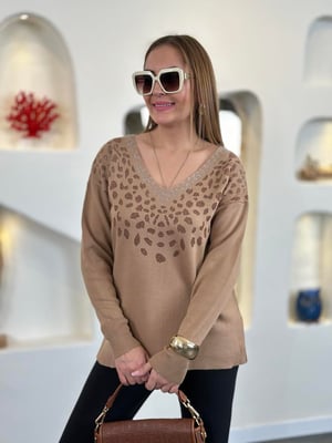 V Yaka Simli Bakır Desen Bisküvi Triko Bluz