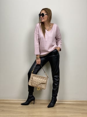 V Yaka Toz Pembe Triko Kazak