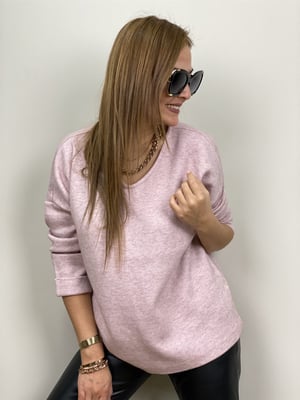 V Yaka Toz Pembe Triko Kazak