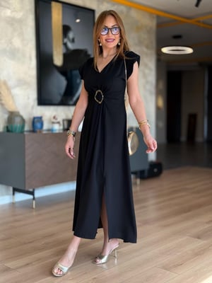 Vatkalı Gold Tokalı Siyah Maxi Elbise