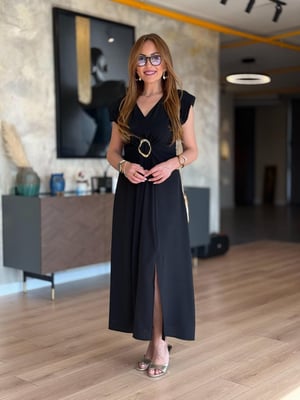 Vatkalı Gold Tokalı Siyah Maxi Elbise
