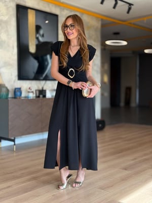 Vatkalı Gold Tokalı Siyah Maxi Elbise
