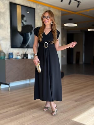 Vatkalı Gold Tokalı Siyah Maxi Elbise