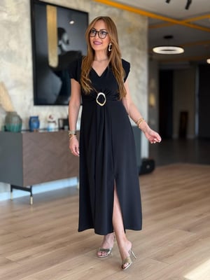 Vatkalı Gold Tokalı Siyah Maxi Elbise
