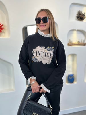 Vintage Dantel Detay Siyah Sweatshirt