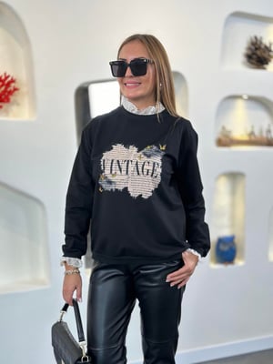 Vintage Dantel Detay Siyah Sweatshirt