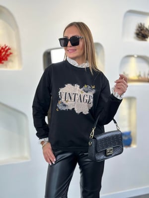 Vintage Dantel Detay Siyah Sweatshirt