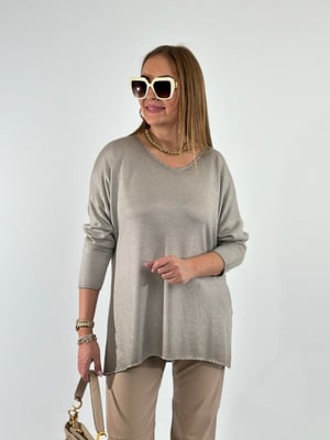 Vizon Simli Yıkamalı Oversize Triko Bluz