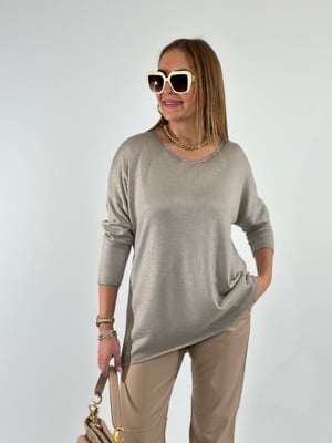 Vizon Simli Yıkamalı Oversize Triko Bluz