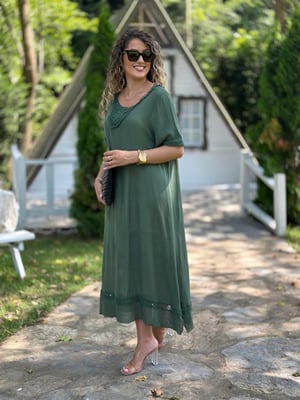 Yaka Güpür Astarlı Haki Pamuk Elbise