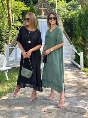 Yaka Güpür Astarlı Haki Pamuk Elbise
